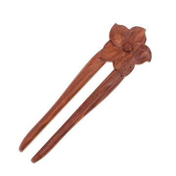 CrystalMood Handmade Carved 2-Prong Rosewood Flat Back Floral Hair Stick